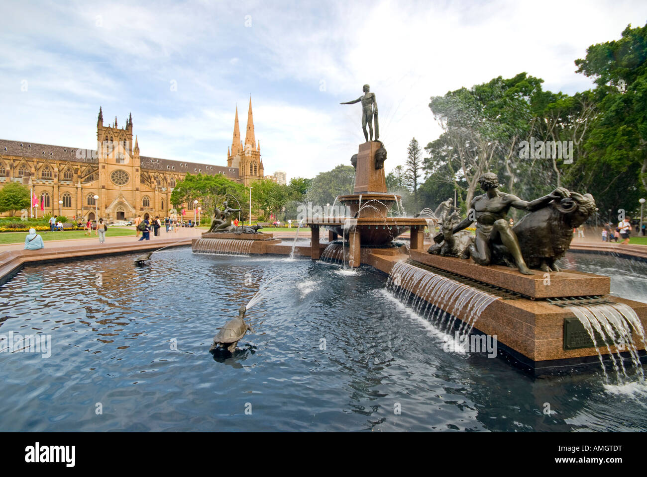 Fountain in Hyde Park downtown Sydney with the Australian Museum in the