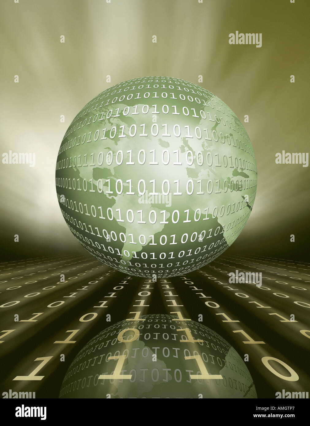 Globe with Binary Code on Reflective Surface with Rows of Binary Code Stock Photo
