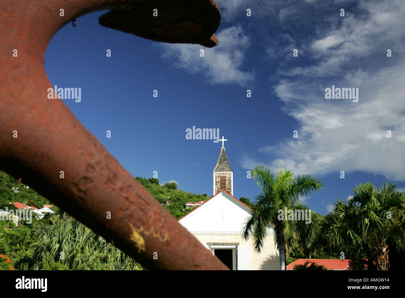 English anchor in front of St Bartholomews Anglican Church Gustavia