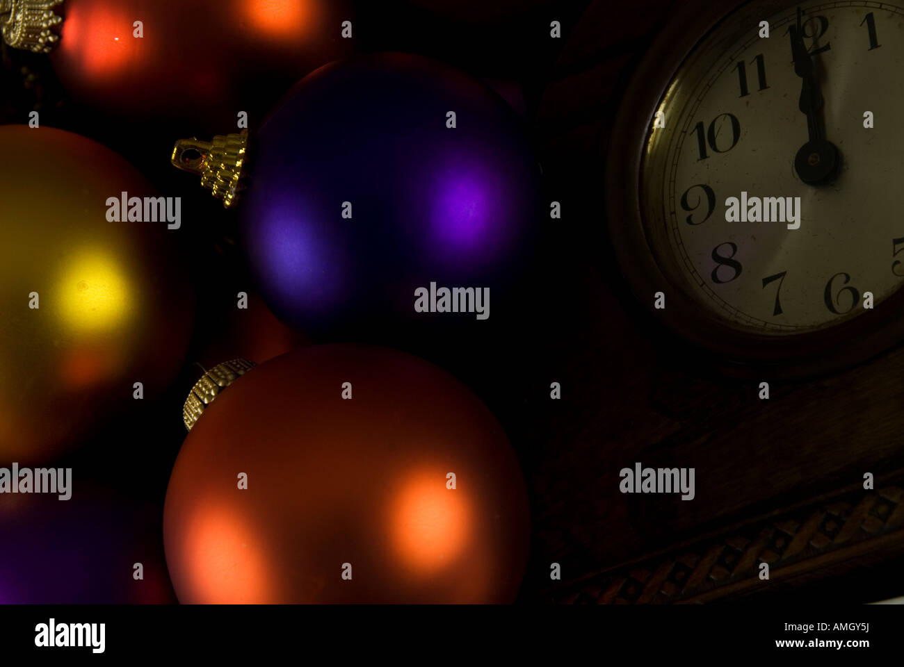 New Year 12 o´clock and baubles Stock Photo