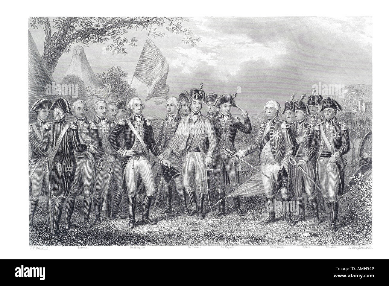 british surrender arms general washington 1781 Lincoln De Lauzun La Fayette Cornwallis Ohara Chewton Continental Army Kingdom Gr Stock Photo