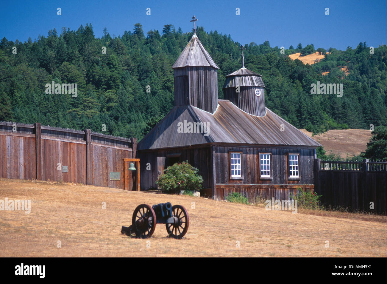 Fort Ross historic building and cannon Russian settlement in California