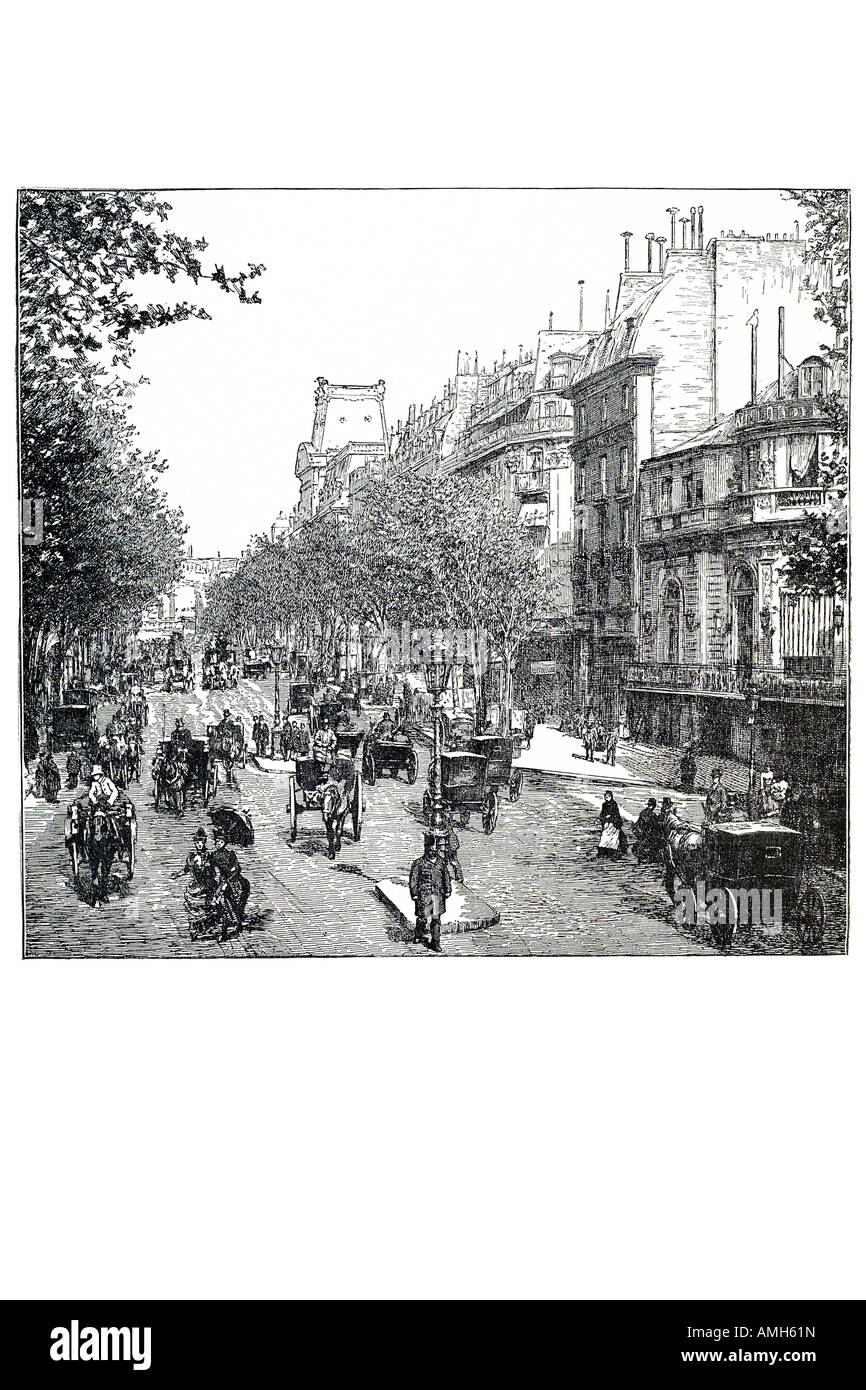 boulevard des italiens horse drawn taxi hackney carriage France French street transport publicshop trade apartment busy cobble s Stock Photo