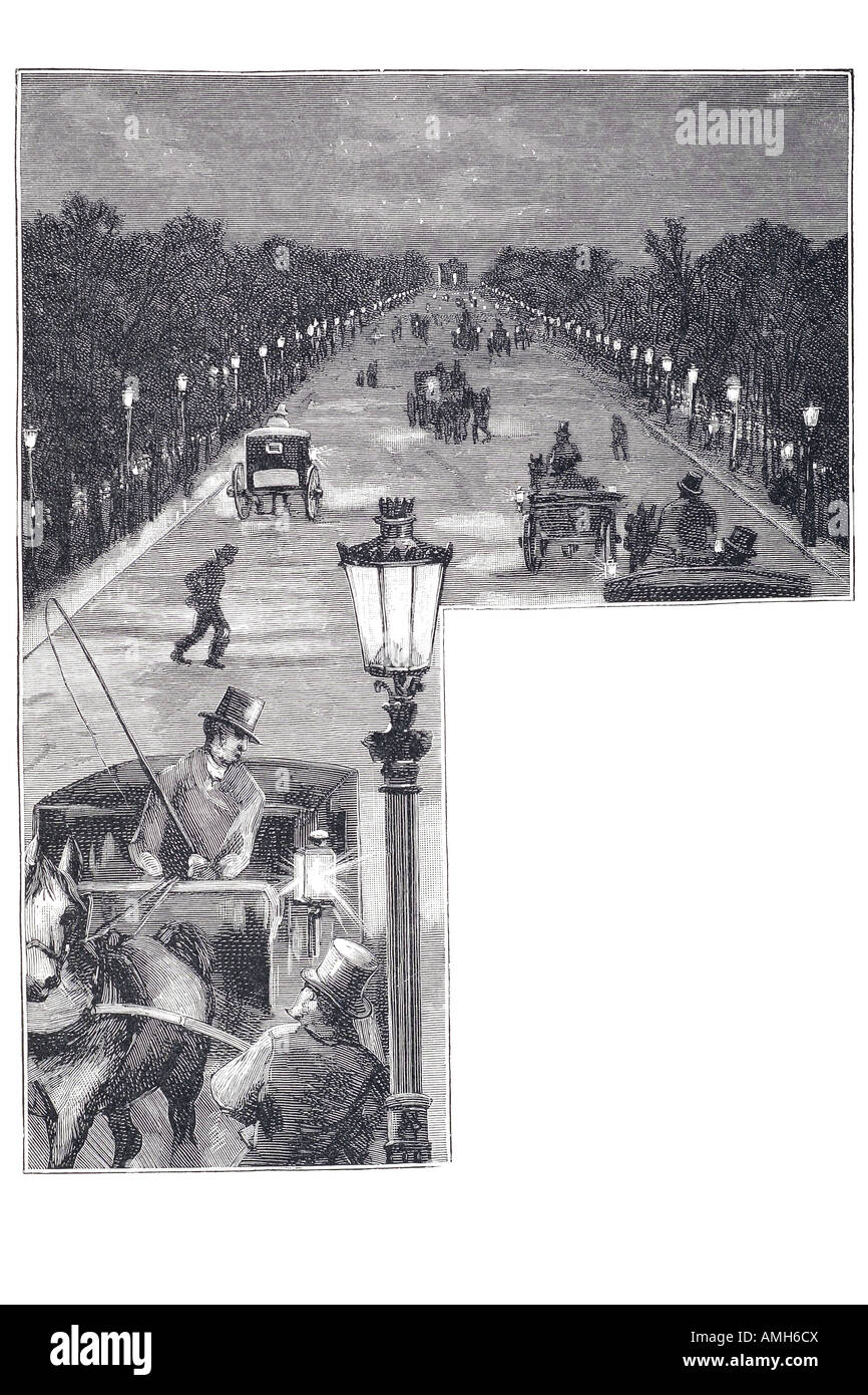 avenue du bois de boulogne night gas light lantern street horse carriage road avenue dusk evening park Paris Parisian France Fra Stock Photo