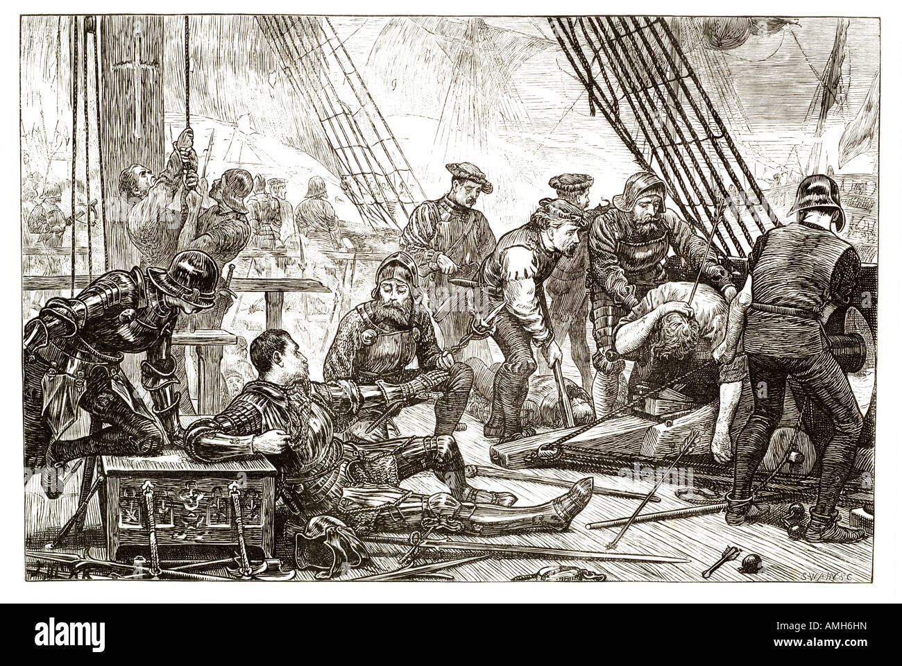 death sir Andrew Barton 1466 1511 High Admiral  Scotland pirate Scottish privateer crown navy naval sailor ship armour wounded m Stock Photo