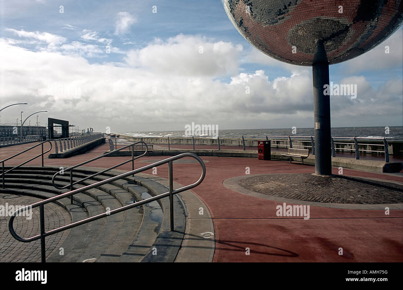 Public artwork Disco ball seafront Golden Mile Blackpool Stock Photo