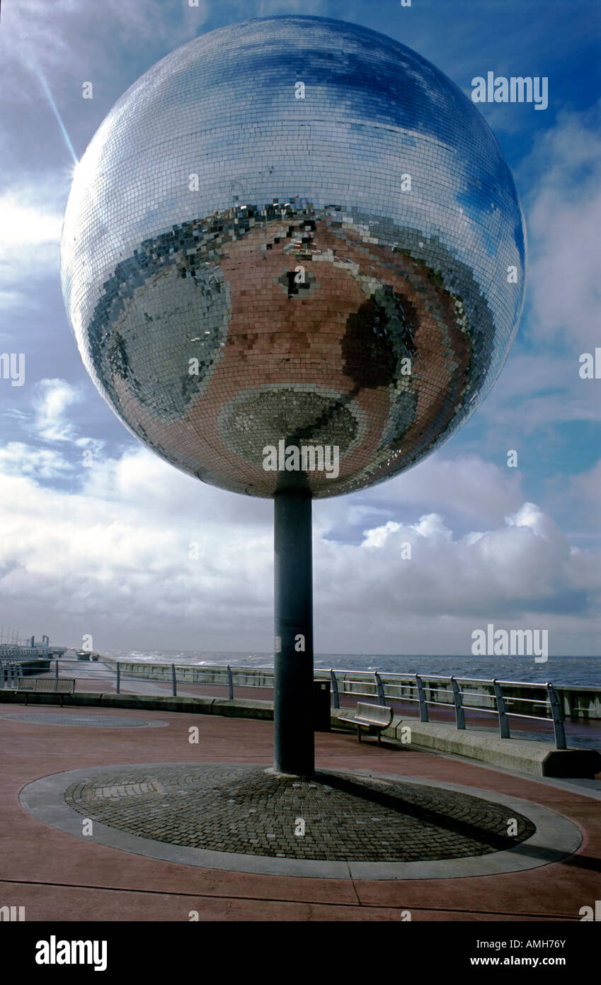 Public artwork Disco ball seafront Golden Mile Blackpool Stock Photo