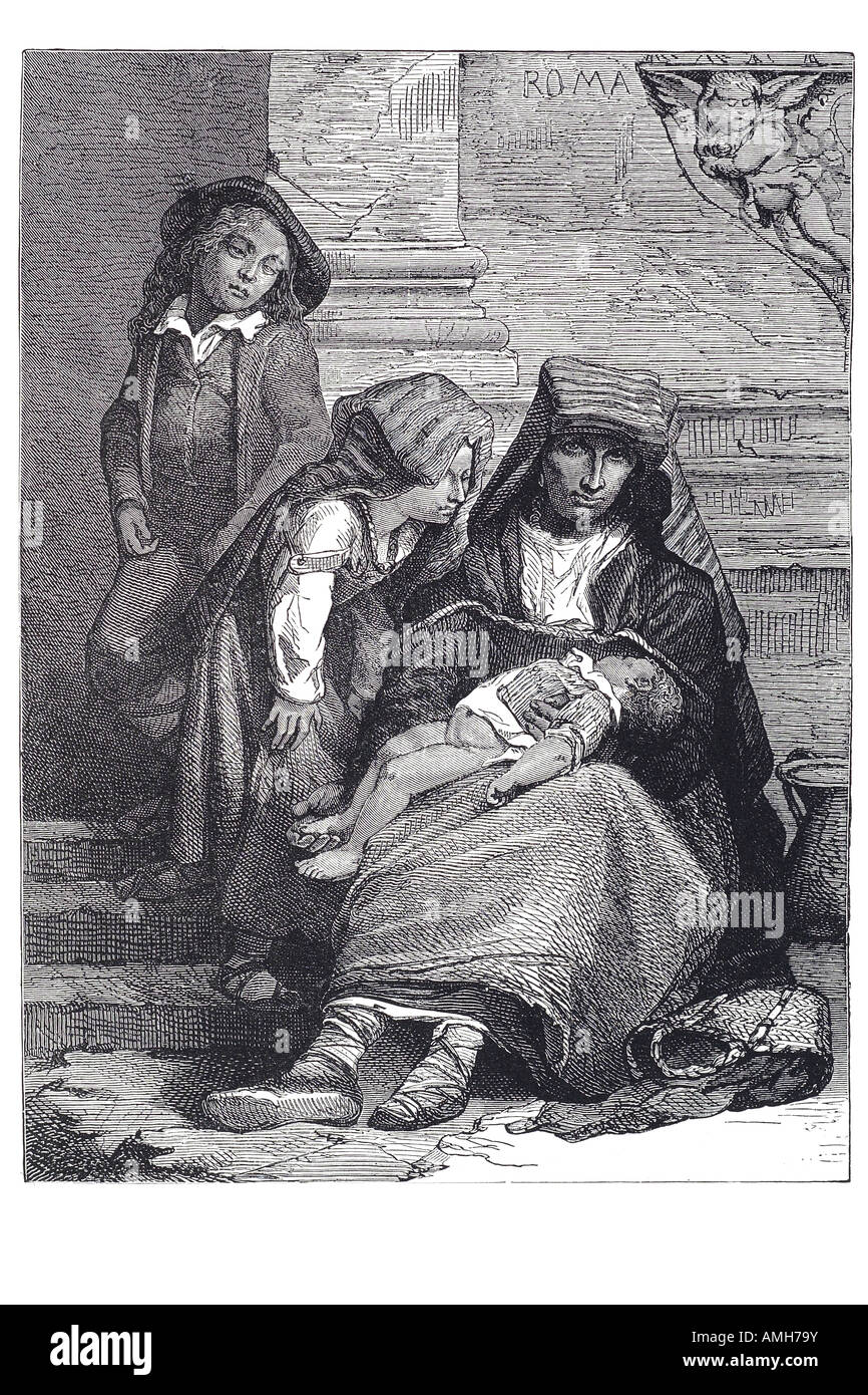 family beggar destitute poor hardship poverty hungry Italy Rome traditional native costume dress mother child children baby Stock Photo