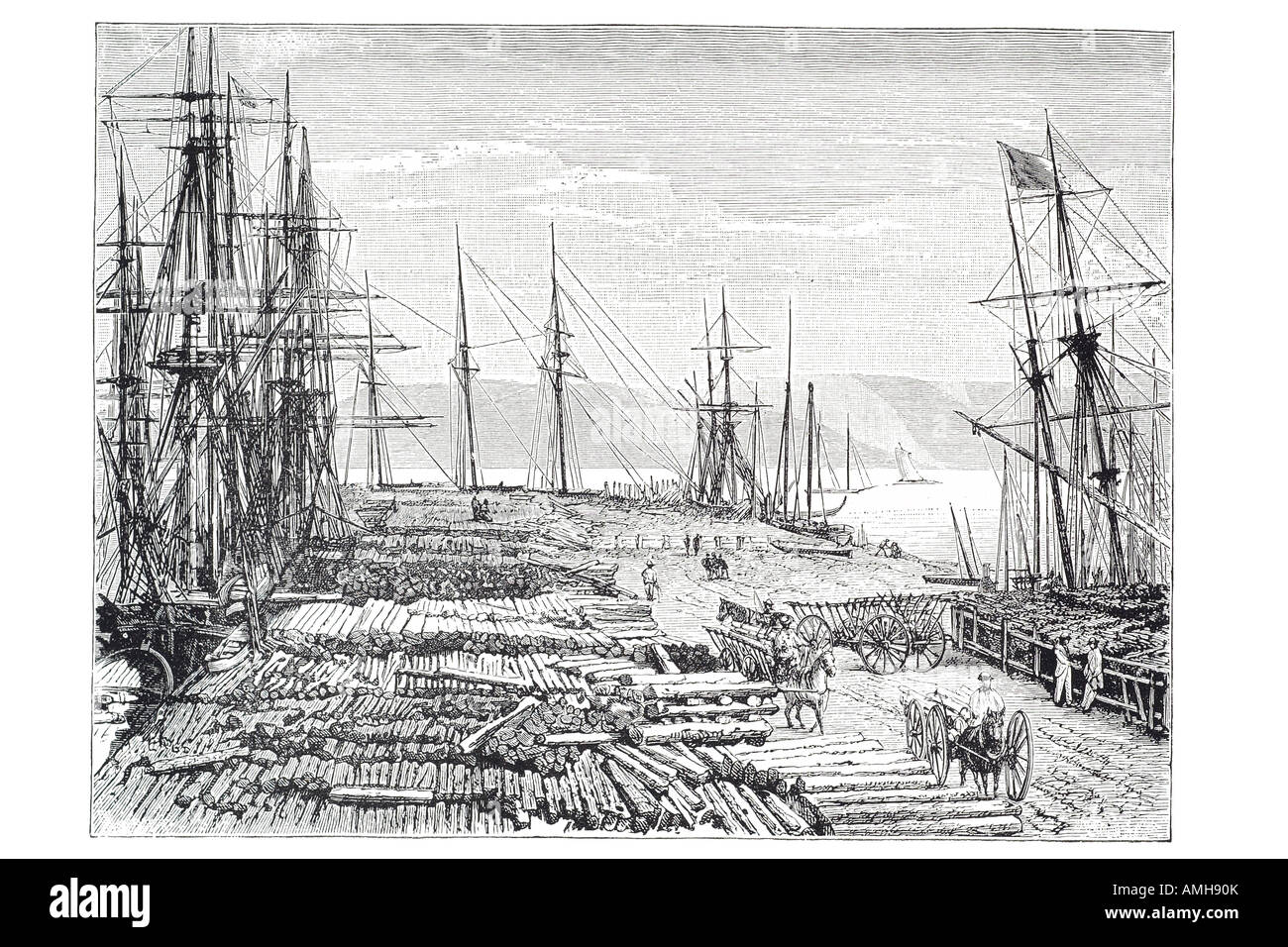 lumber trade pacific steam sail ship sailing mast dock harbour timber log raw material horse cart wagon supply export old square Stock Photo