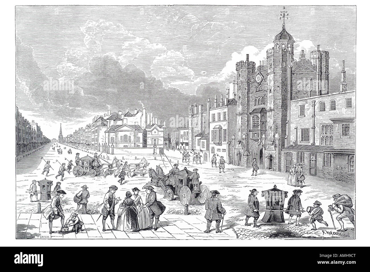 st James's saint James palace time of queen Anne 1665 1714 London England UK oldest Pall Mall Park sedan chair horse carriage g
