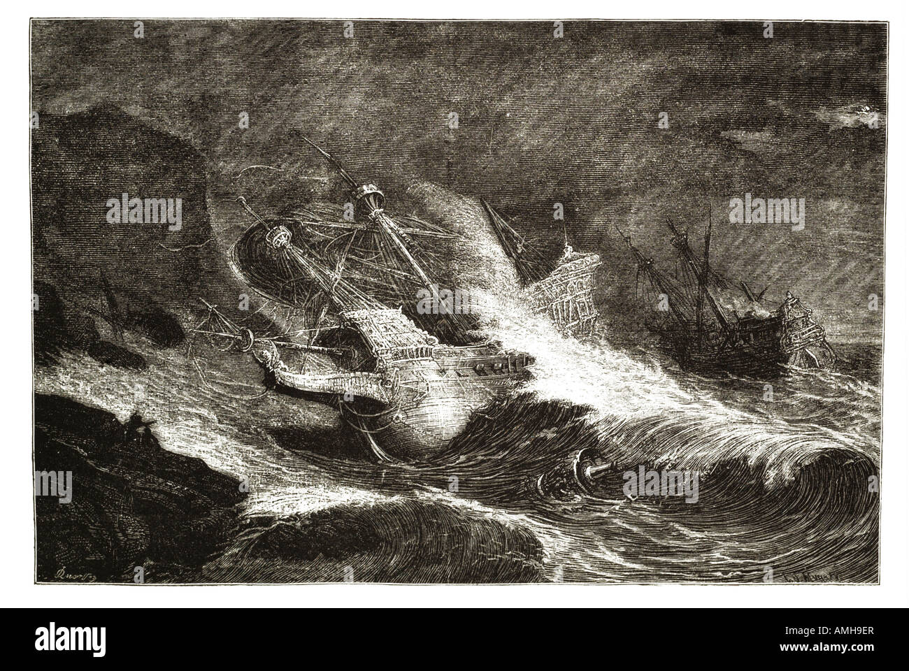vessels armada wrecked Irish coast Ireland galleon invasion fleet disaster storm tempest wave shore wreck Spain Spanish espagna Stock Photo