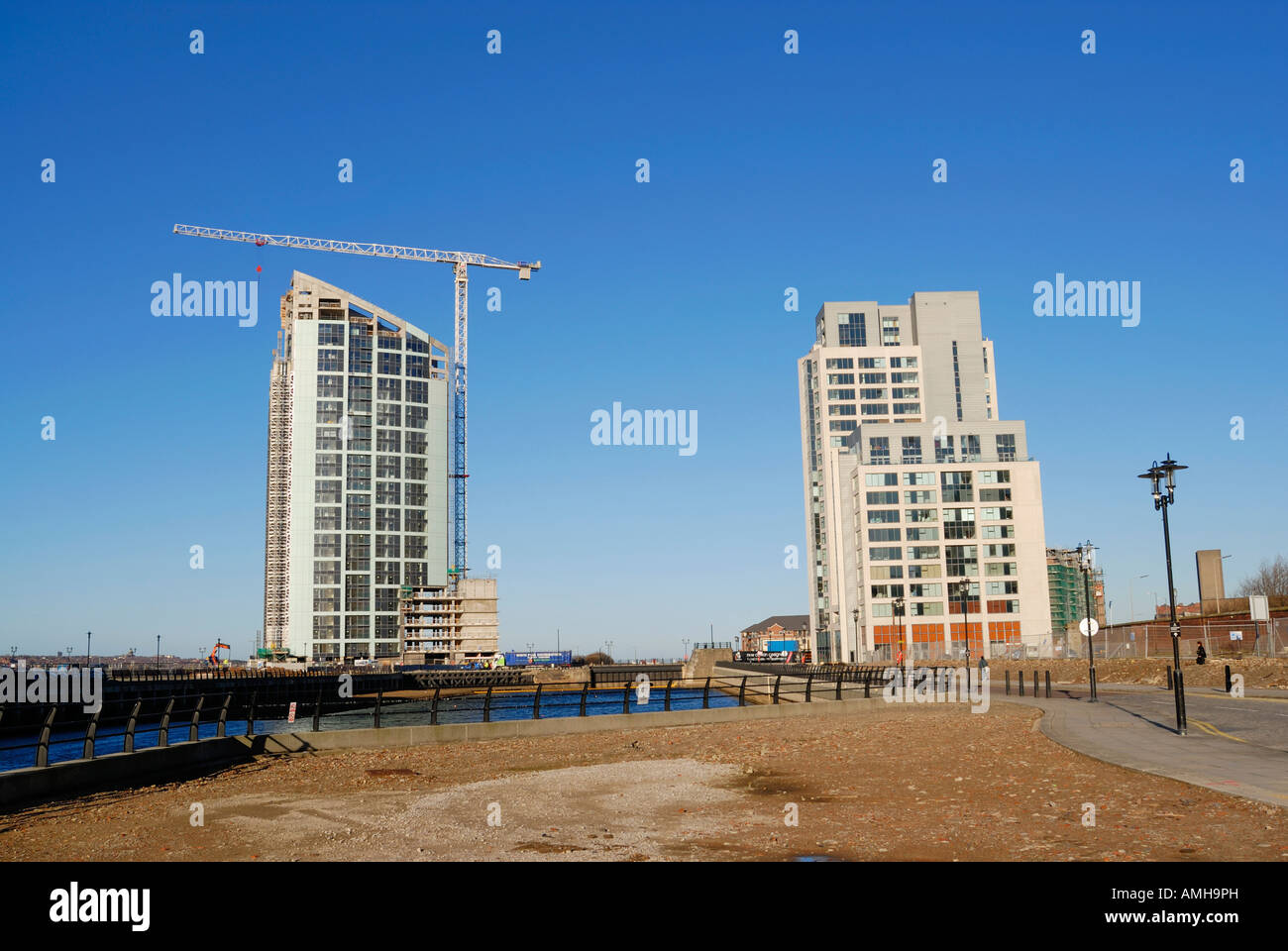 New luxury apartment highrise building and office development under