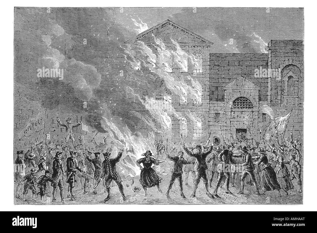 1780 burning of Newgate  Anti Catholic Gordon Riot Anti Catholic mob fire Prison free prisoner Roman Relief Act chapel private h Stock Photo