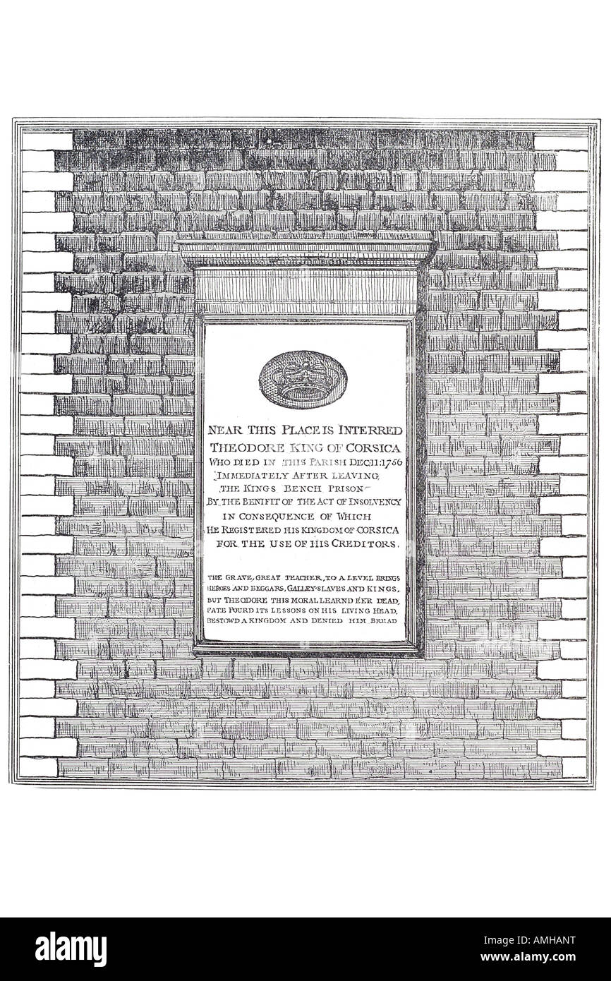 1756 king theodore's Corsica monument soho parish plaque memorial bench prison insolvency insolvent gave country creditors Londo Stock Photo