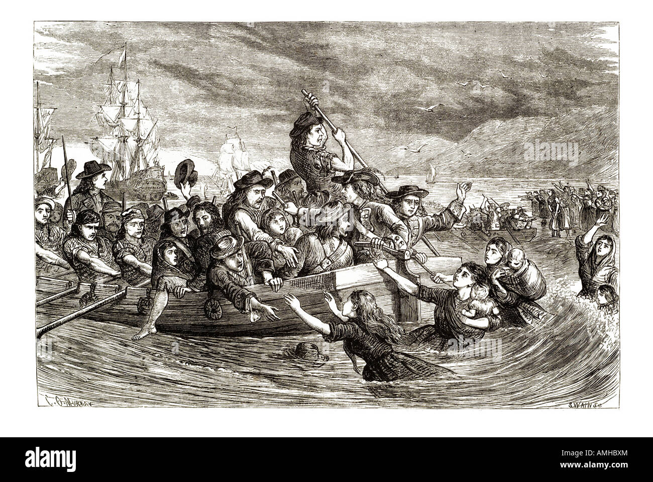 Irish Republic Ireland troops leaving limerick Munster rowing boat flee escape women children navy naval battle River Shannon ci Stock Photo