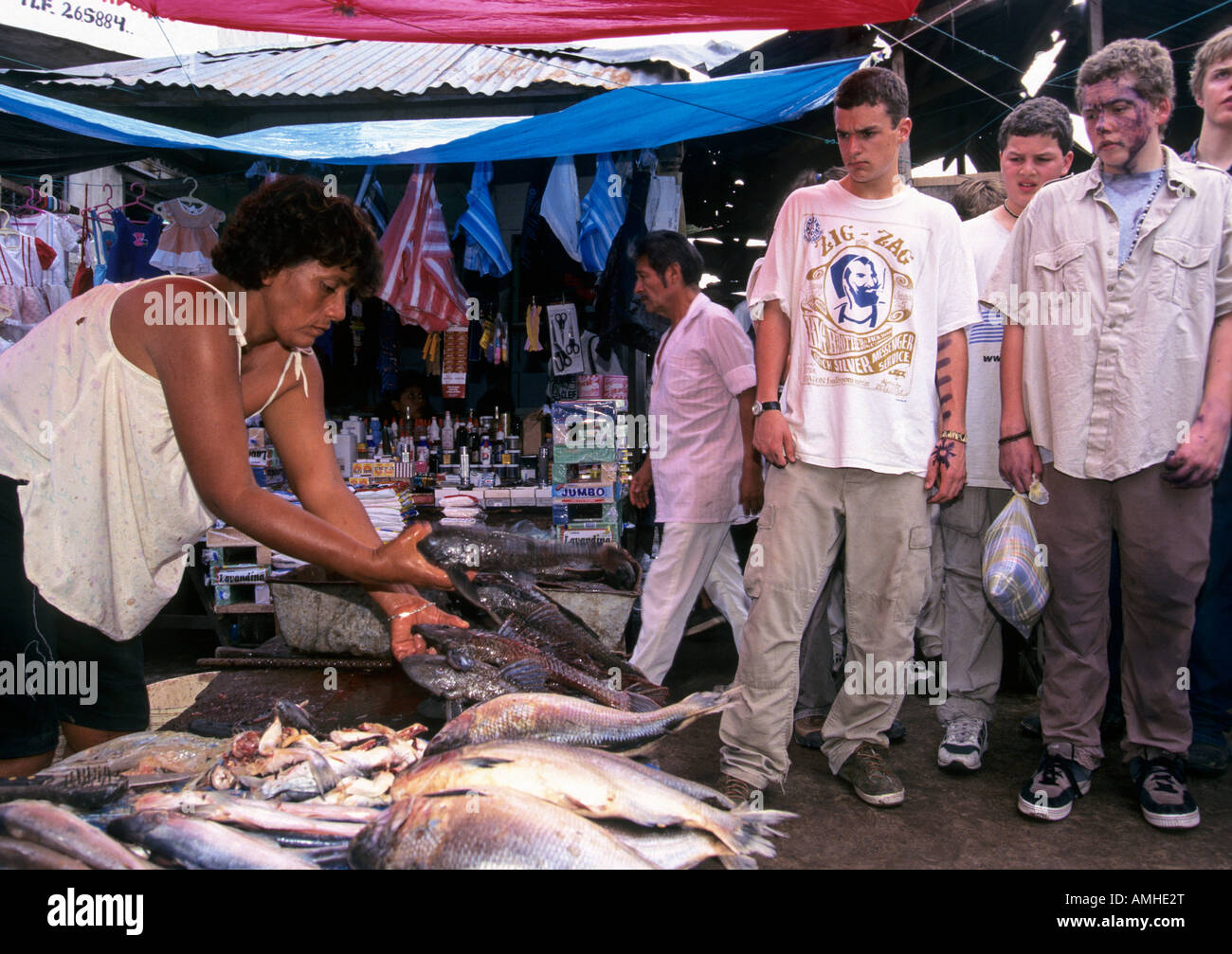 American high school students visit Iquitos market in Peru. Stock Photo
