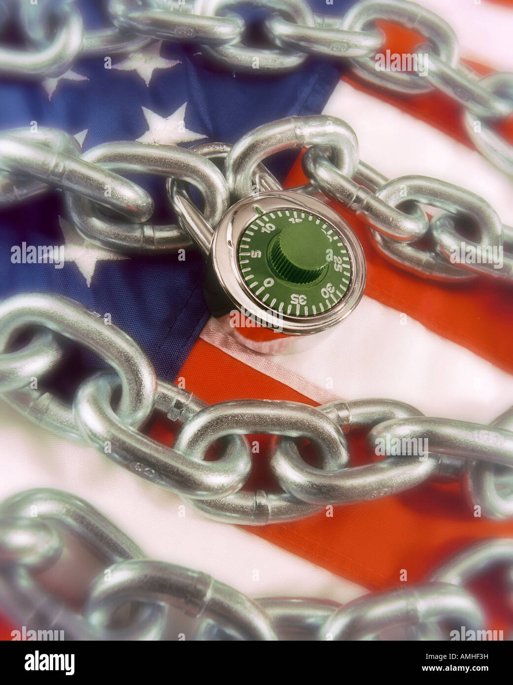 American Flag with Lock and Chains Stock Photo