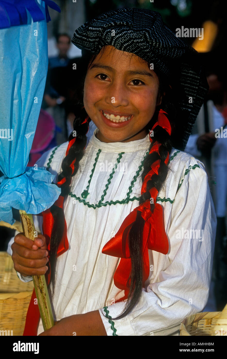 Mexican girl, young girl, eye contact, front view, portrait, Guelaguetza Festival, Oaxaca, Oaxaca de Juarez, Oaxaca State, Mexico Stock Photo