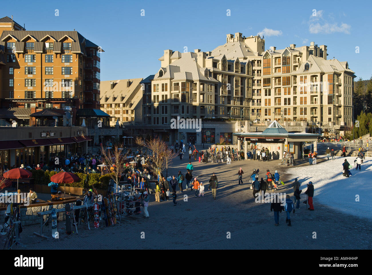 Hotels and shops on the main plaza in Whistler Village at Whistler