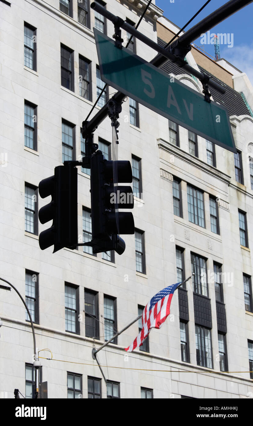 Silhouette of traffic lights against buildings 5th Avenue New York U.S.A Stock Photo