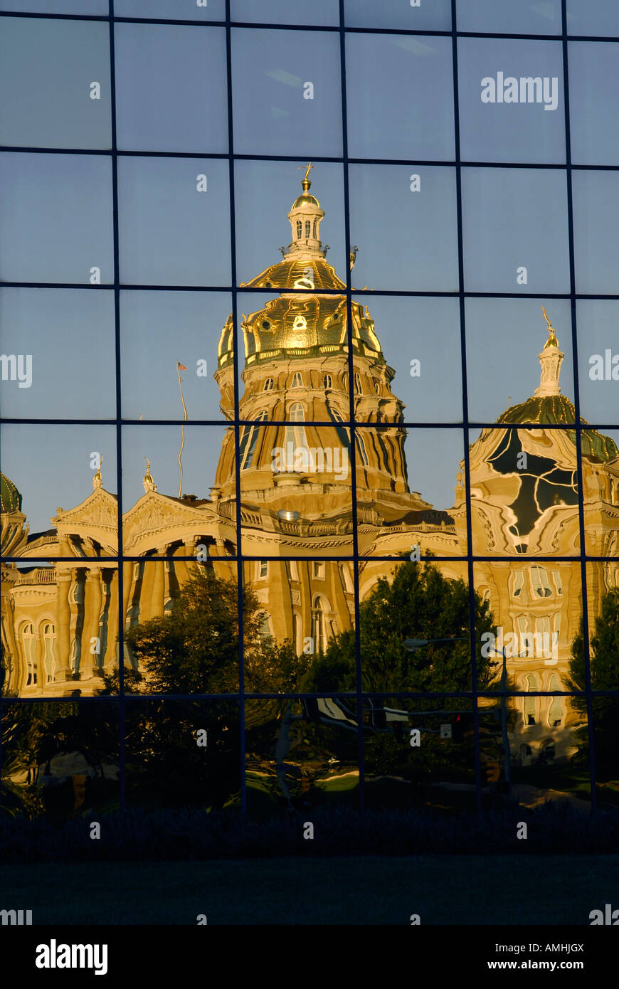 Reflecton in glass of The State Capitol Building at Des Moines Iowa IA Stock Photo