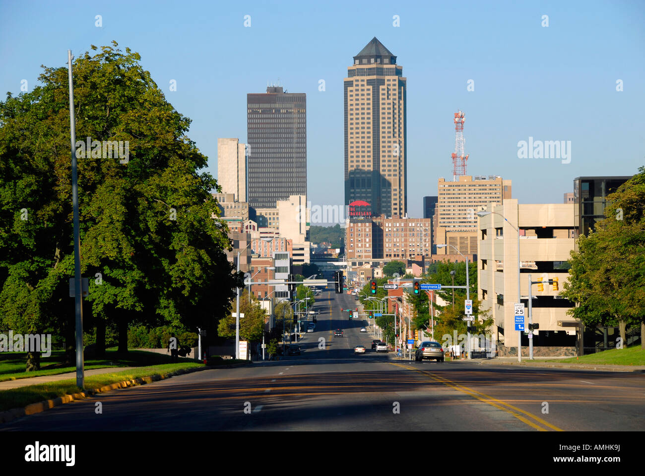 Des Moines Iowa IA city skyline as viewed from the State Capitol ...