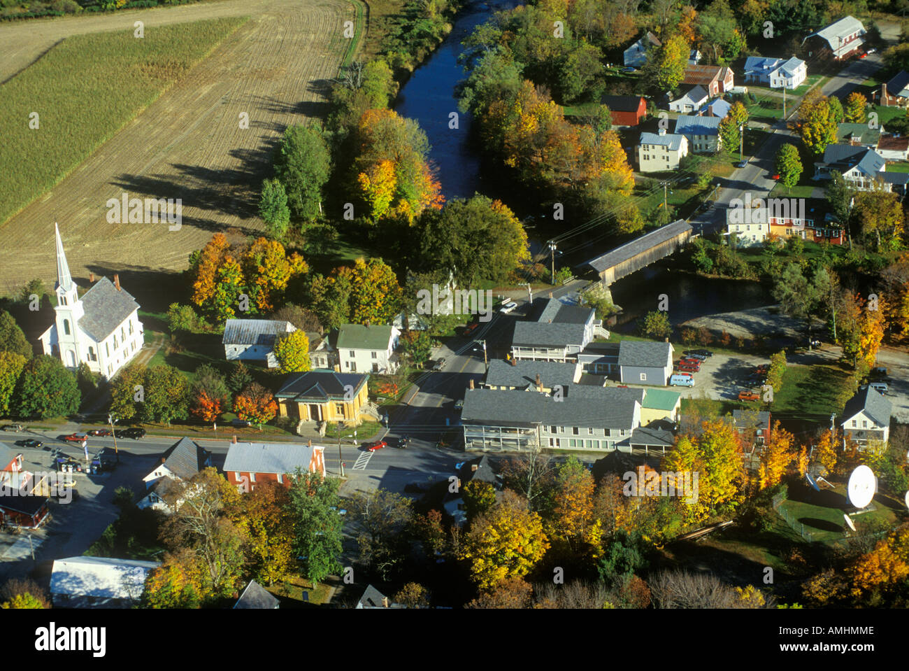 Aerial view of Waitsfield VT and the Mad River on Scenic Route 100 in