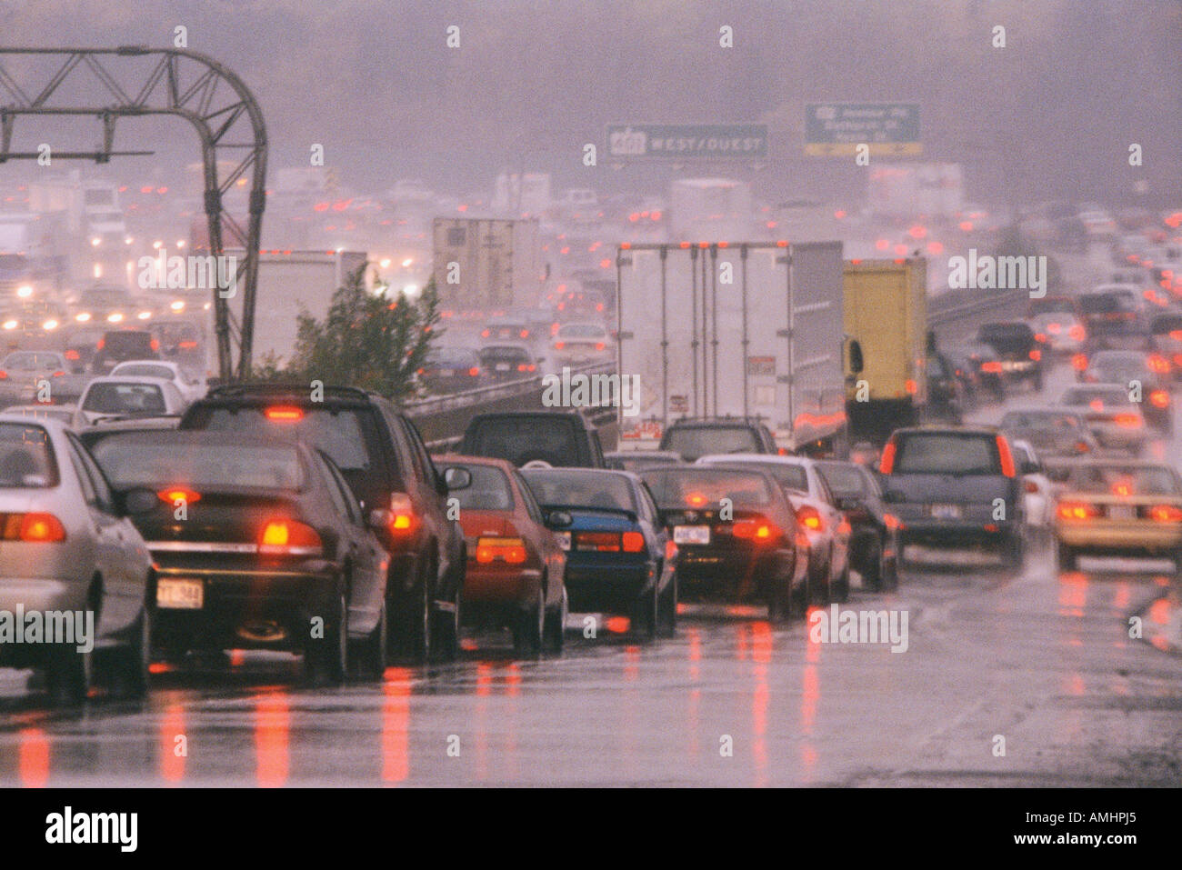 Highway Traffic in Rain, Highway 401, Toronto, Ontario, Canada Stock
