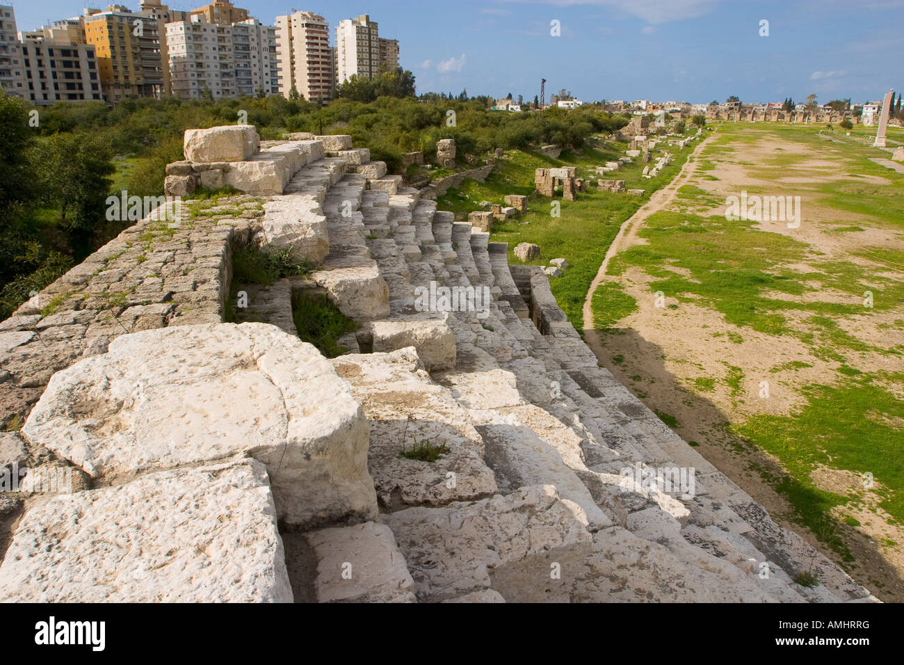 Remnants of the hippodrome and new apartment buildings in Tyre Lebanon