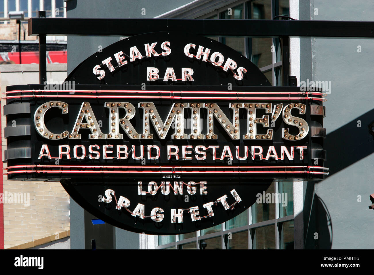 Carmines steak chop bar and lounge restaurant sign Gold Coast Chicago