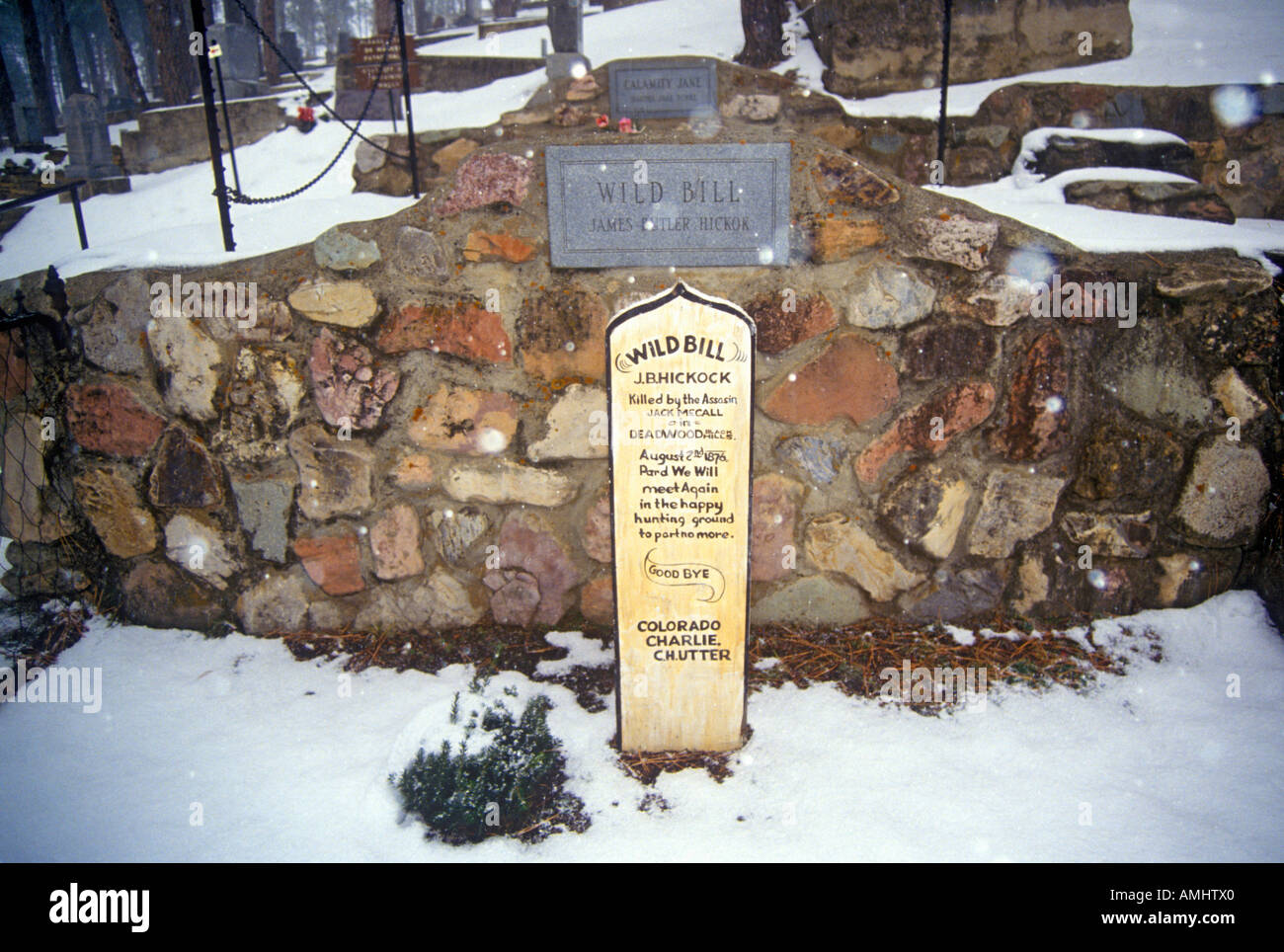 Grave site of Wild Bill Hickock infamous outlaw in Mount Moriah Cemetery Deadwood SD in winter snow Stock Photo