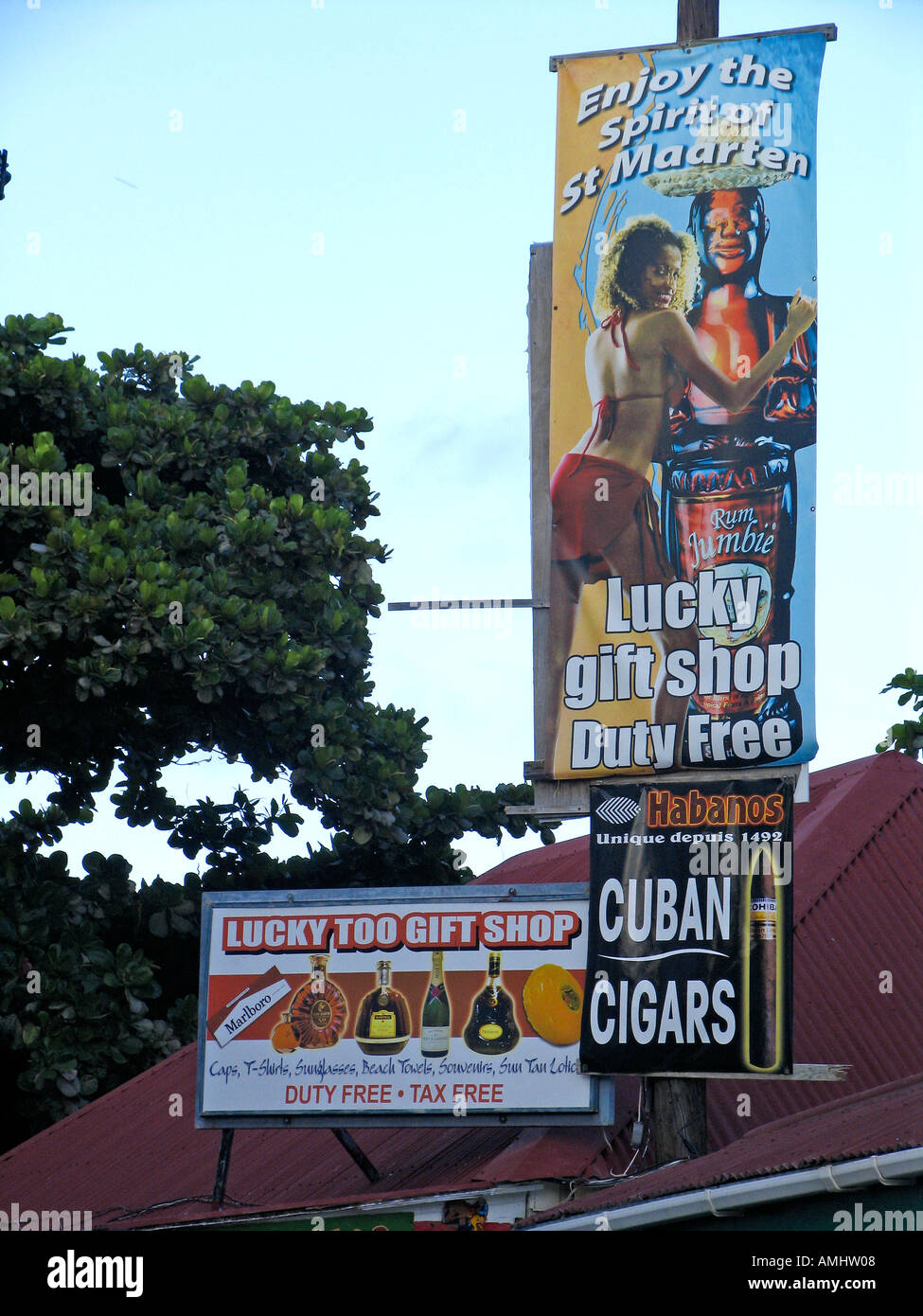 Duty free gift shop and Cuban cigar signs St Maarten Stock Photo