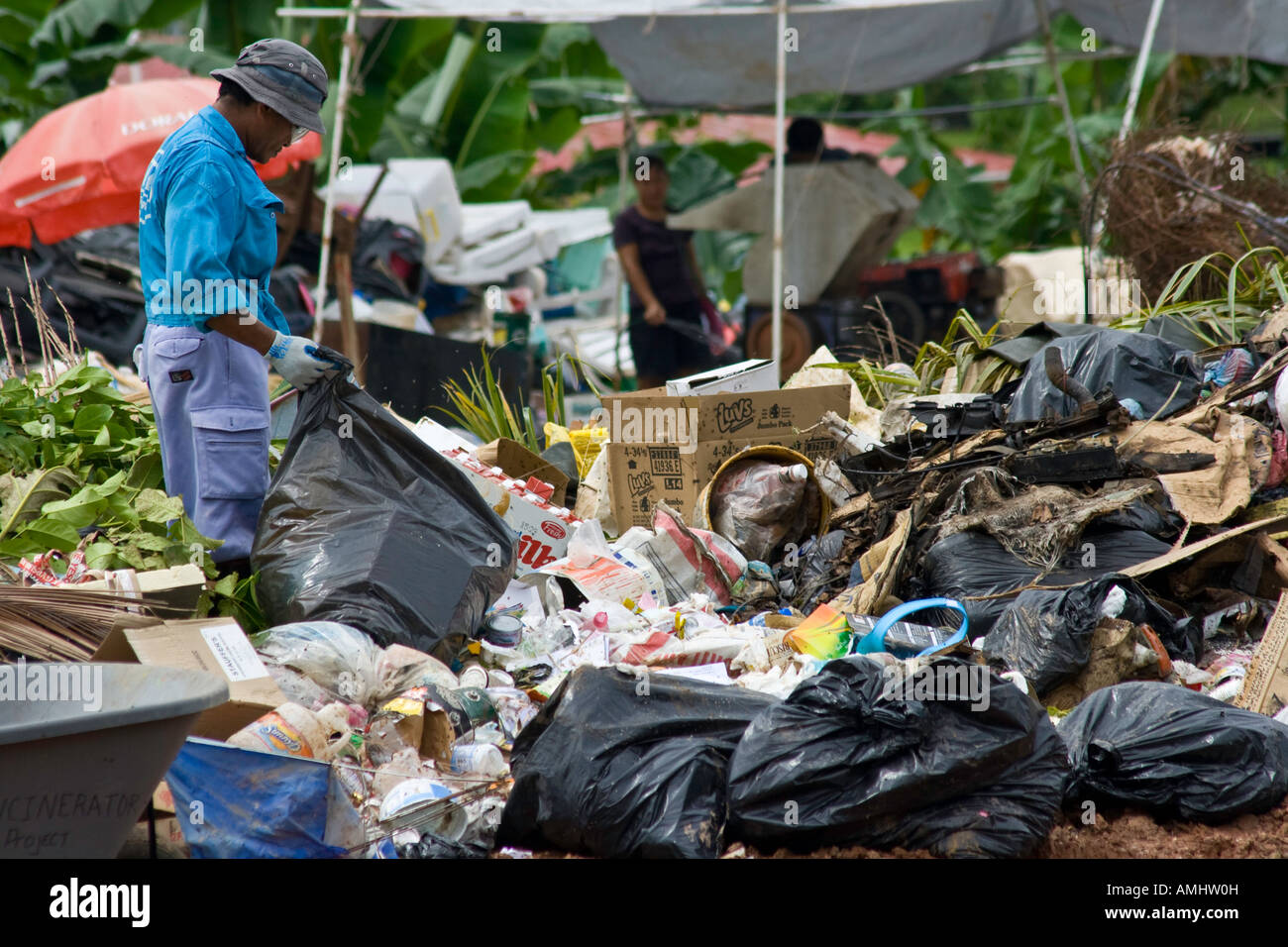 Poor Man Scavanging through a Garbage Dump on Palau Island Stock Photo