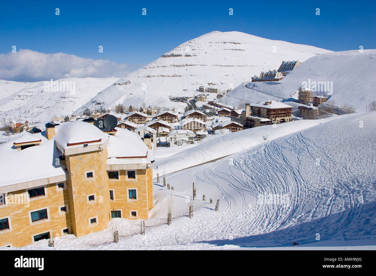 Snow covered ski resort Mzaar Faraya Lebanon Stock Photo