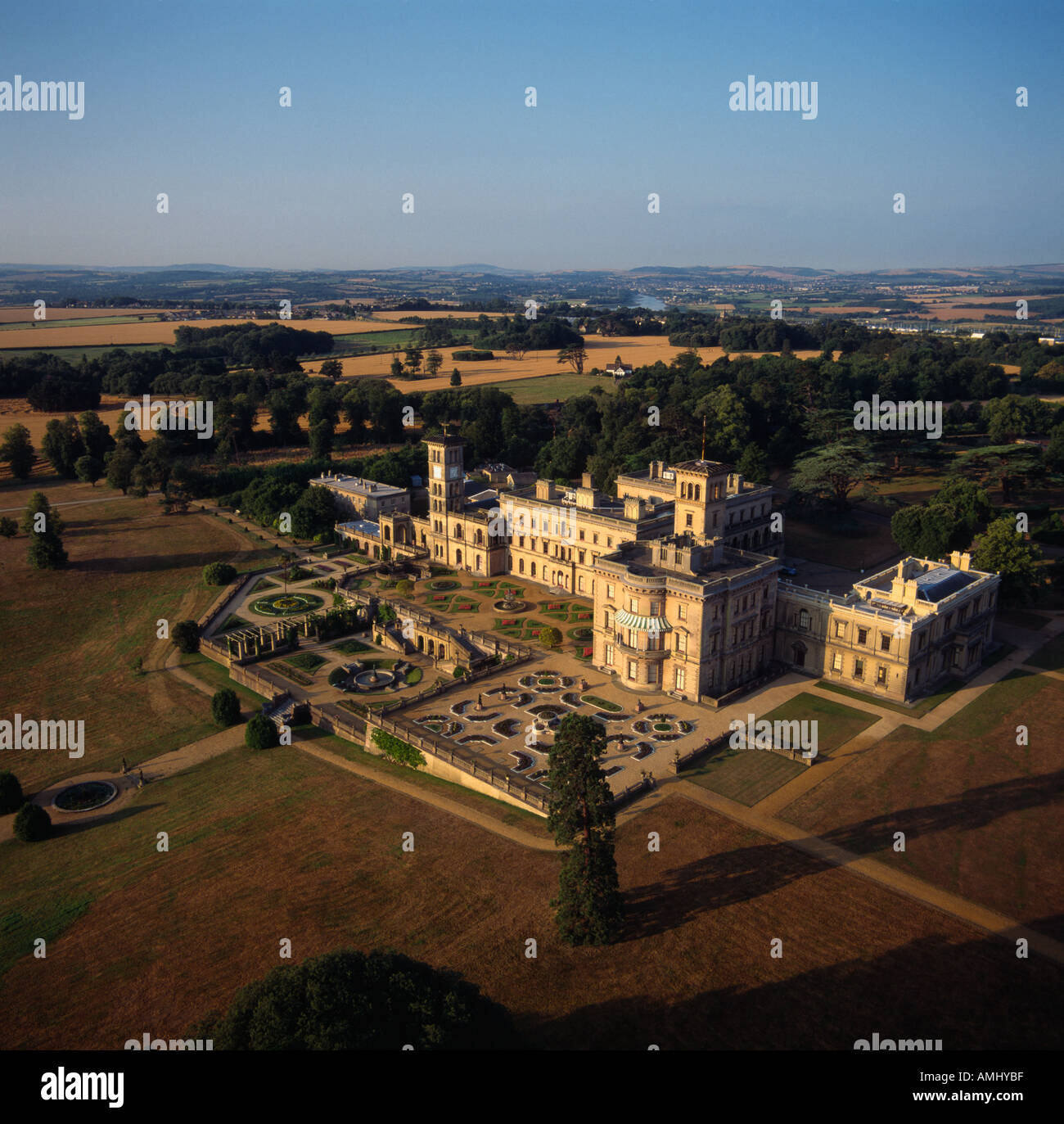 Osborne House with dawn light Isle of Wight Italianate home of Queen Victoria aerial view Stock Photo