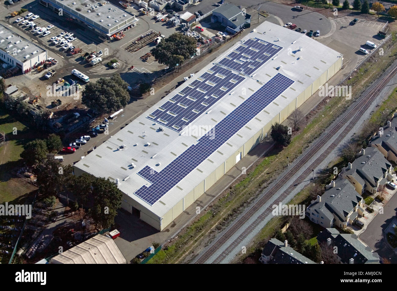 aerial above solar powered warehouse Hayward, California San Francisco