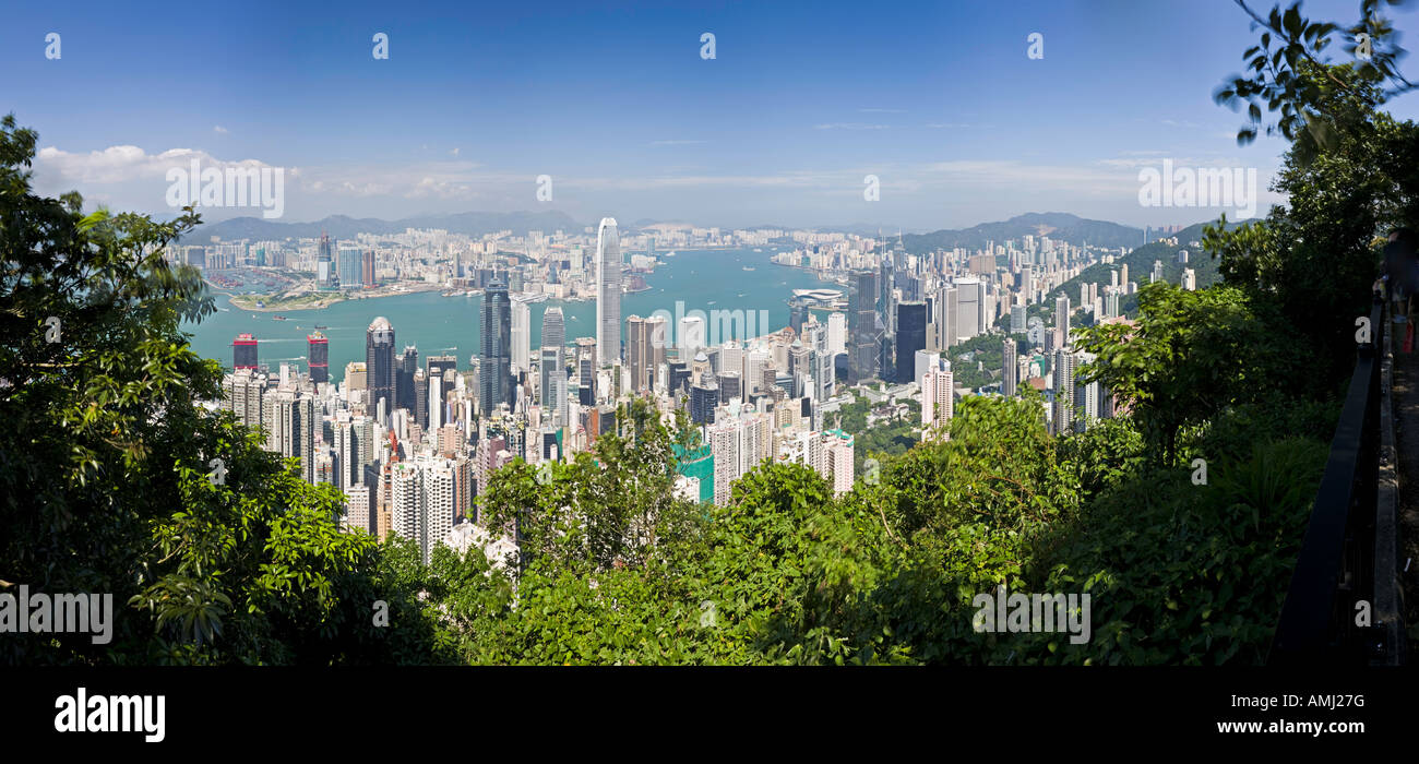 A daytime panorama of Hong Kong taken from Lugard Road running round Victoria Peak on the island. Stock Photo