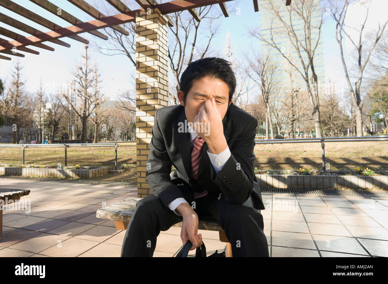 Businessman sitting on bench Stock Photo - Alamy