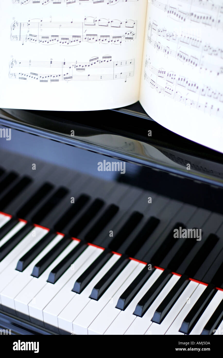 Piano keys and sheet music Black grand piano with sheet music ready to