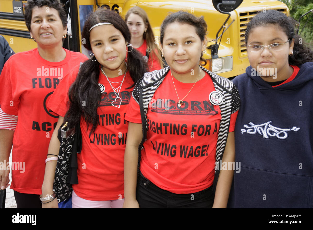 Miami Florida,Virginia Key,labor union protest Fisher Island working conditions,living wage,discrimination,ACORN,SEIU,Hispanic female teen,mother,pare Stock Photo