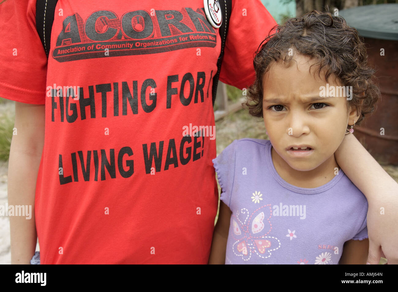 Miami Florida,Virginia Key,labor union protest Fisher Island working conditions,living wage,discrimination,ACORN,SEIU,Hispanic girl girls,youngster,fe Stock Photo