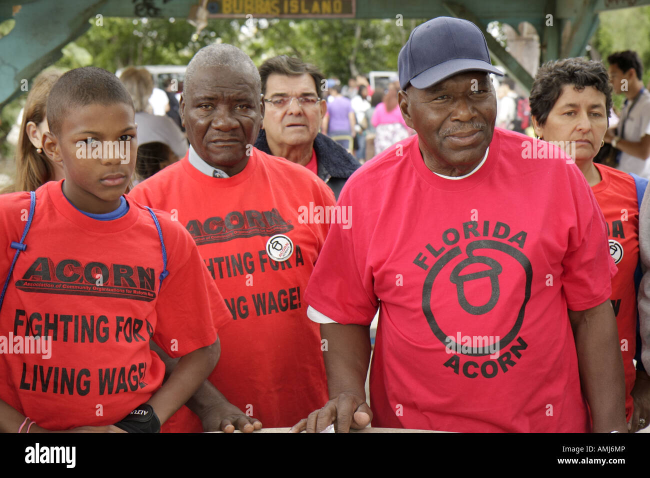 Miami Florida,Virginia Key,labor union protest Fisher Island working conditions,living wage,discrimination,ACORN,SEIU,Black teen,teens teenager teenag Stock Photo