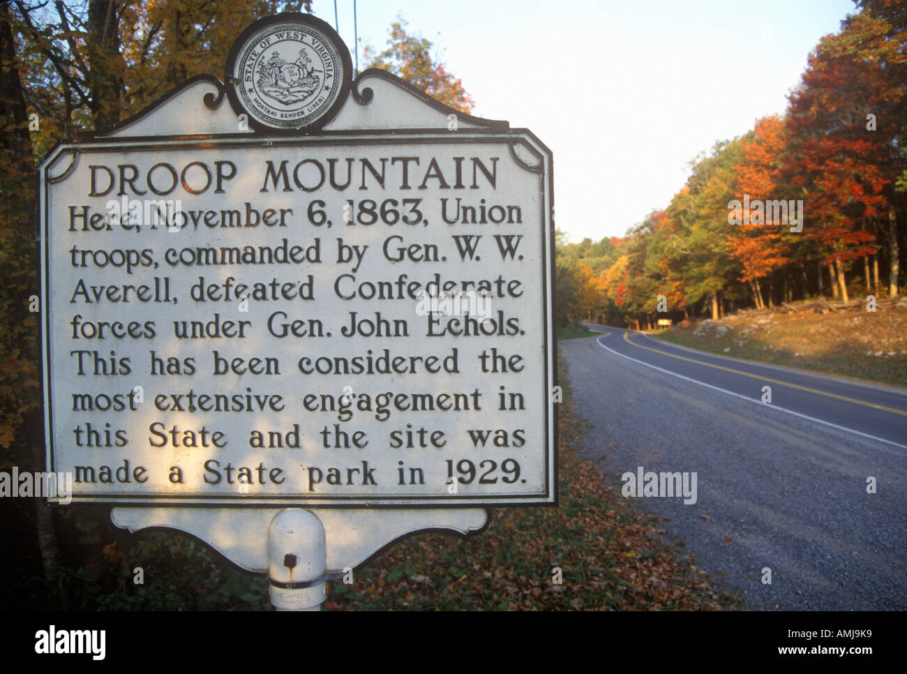 Sign at the entrance of Droop Mountain Battlefield State Park Civil War battleground Scenic Route 39 WV Stock Photo