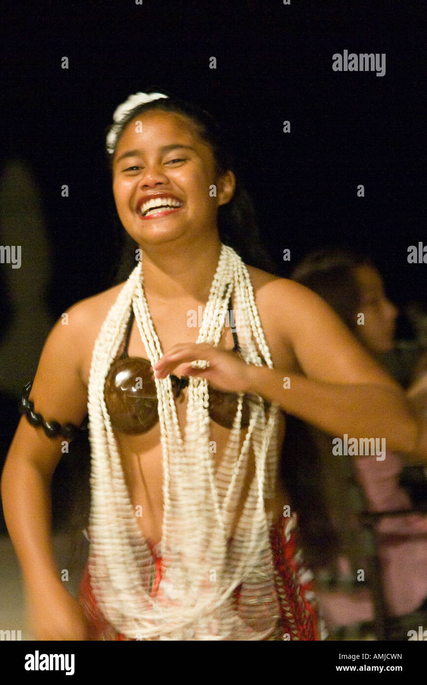 Young Palaun Woman Dancing Traditional Polynesian Dance, Palau Island Stock Photo