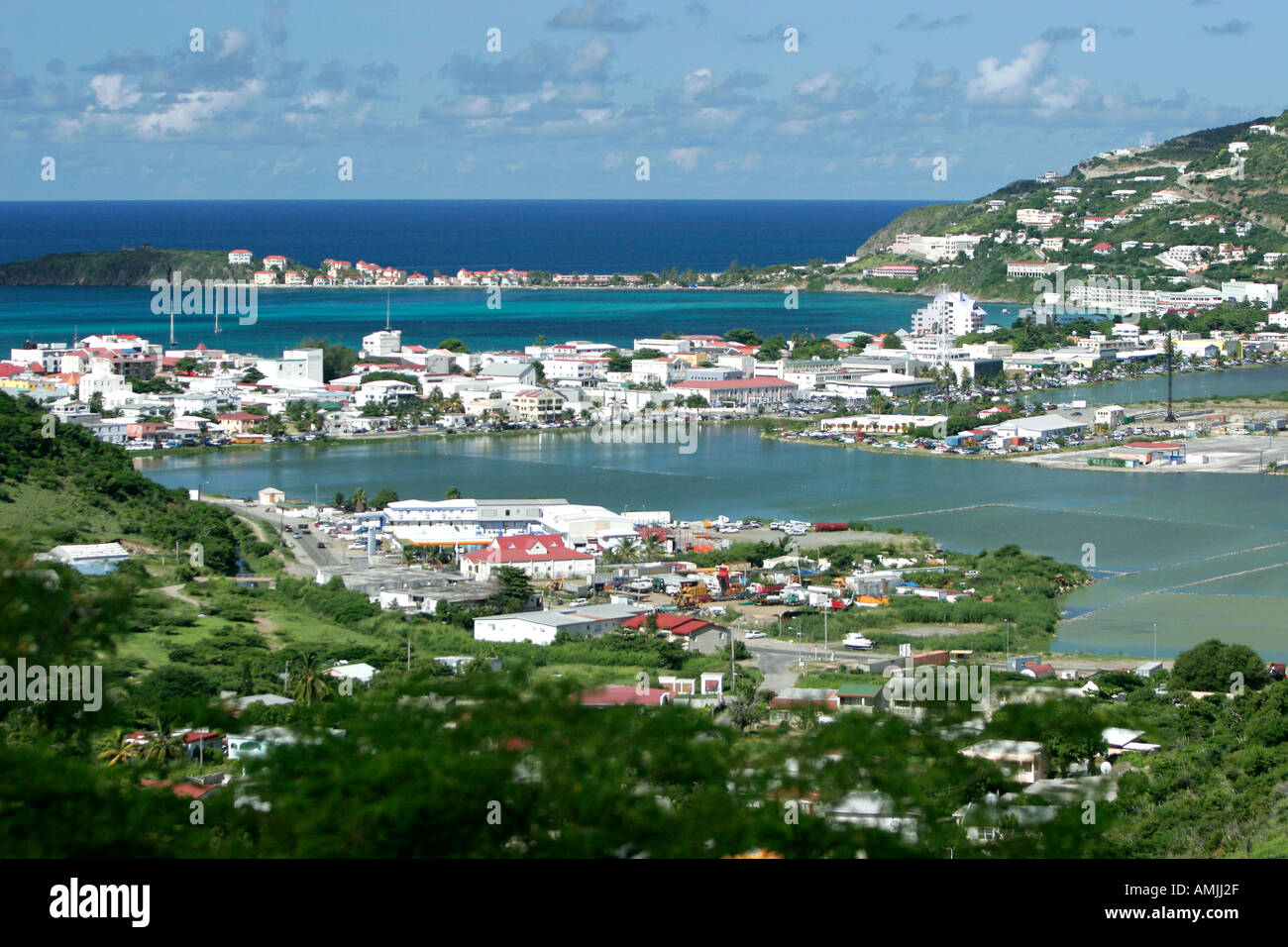 Philipsburg St Maarten with Salt Pond in foreground Great Bay and Caribbean Sea beyond Stock Photo