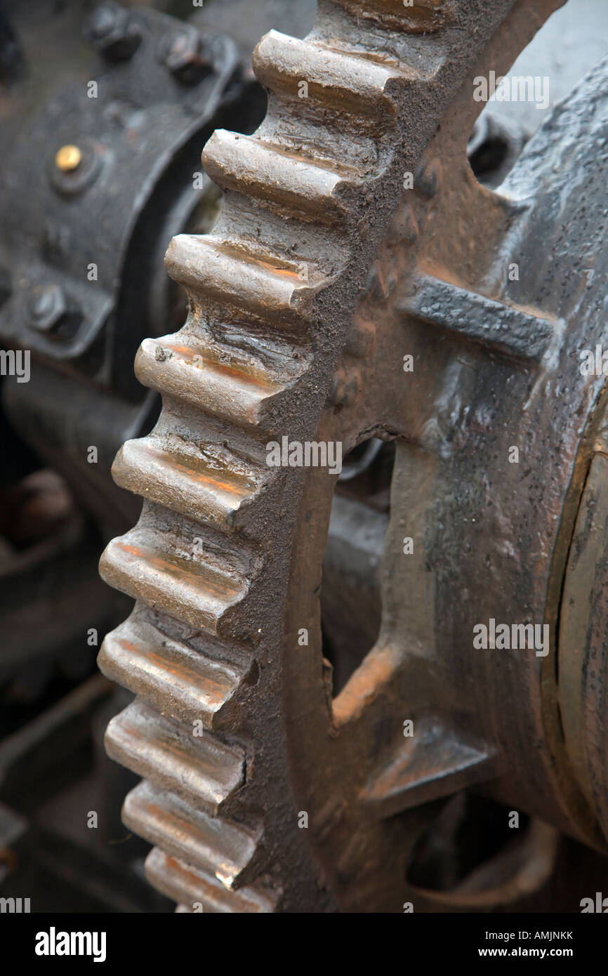 greased old winch gear wheel showing cog teeth Stock Photo Alamy
