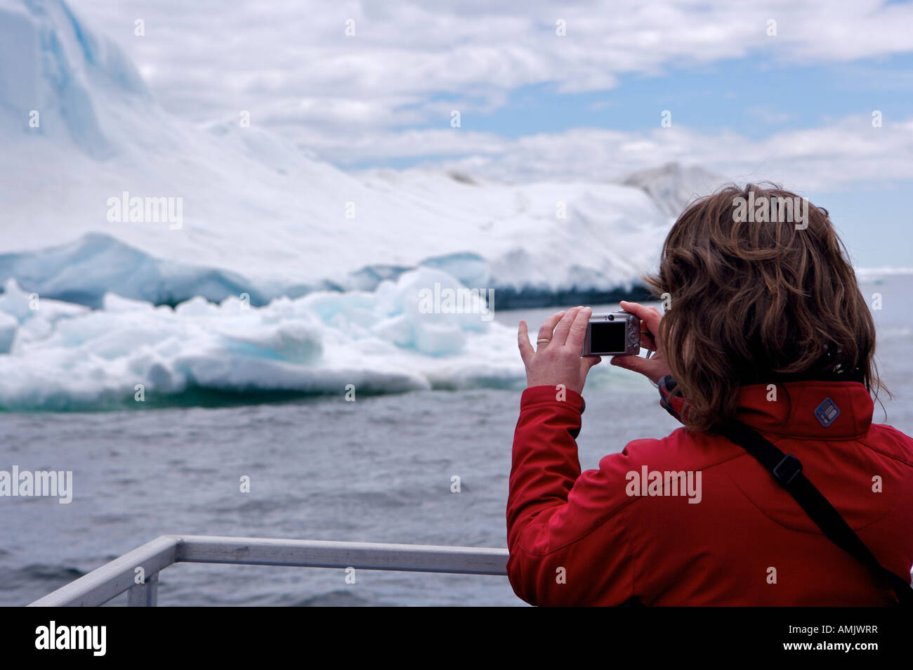 Tourist onboard the Gaffer III, Northland Discovery Boat Tours from St Anthony into Iceberg Alley, Northern Peninsula, Newfoundl Stock Photo