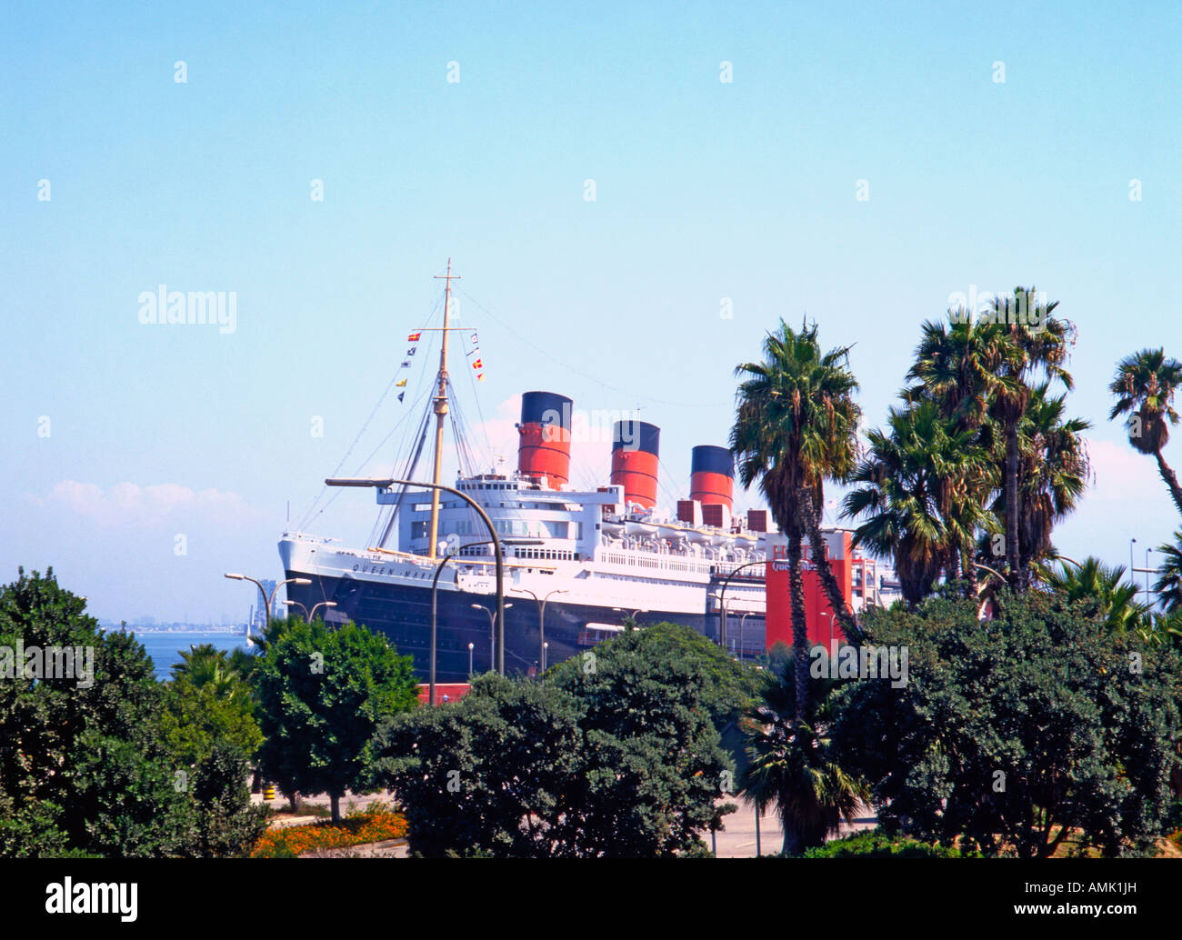 Queen Mary, the retired British transatlantic liner now moored at Long Beach, California USA and converted into a hotel Stock Photo