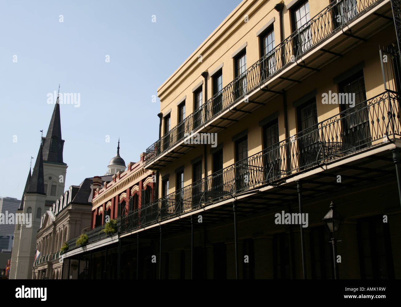 St Louis Cathedral and balconies on Chartres Street French Quarter New Orleans  November 2007 Stock Photo