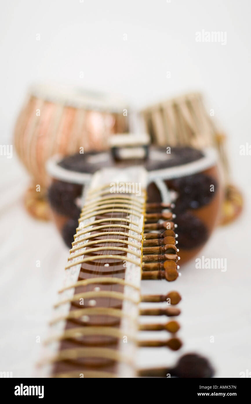 Indian classical musical instruments sitar tabla Stock Photo Alamy